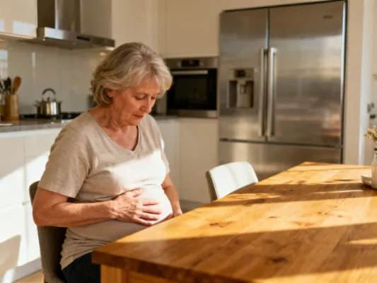 Vrouw aan keuken tafel met een opgeblazen gevoel na de maaltijd